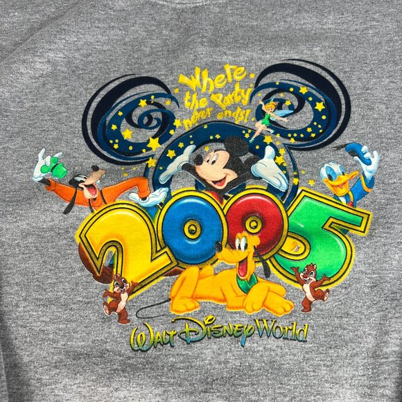 2005 Disney World Party Never Ends Sweatshirt Extra Extra Large Grey Crewneck - Picture 3 of 14